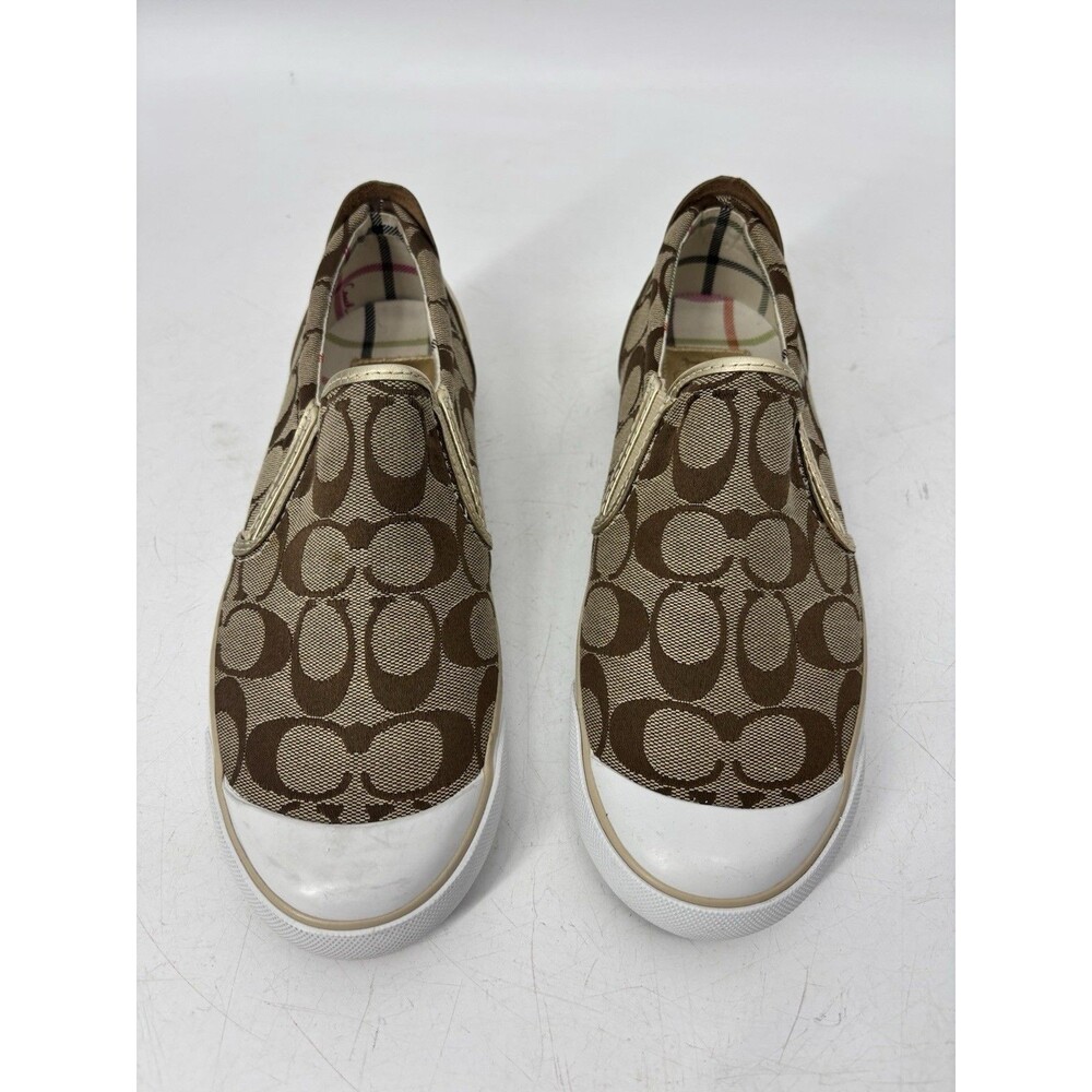 Coach Beale Q376 Signature C Slip On Sneakers Womens 8B Khaki Brown Gold